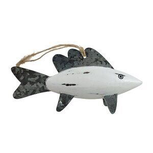 Christmas Ornament Fish White Wood Silver Metal Fins Lightweight Decor Distress